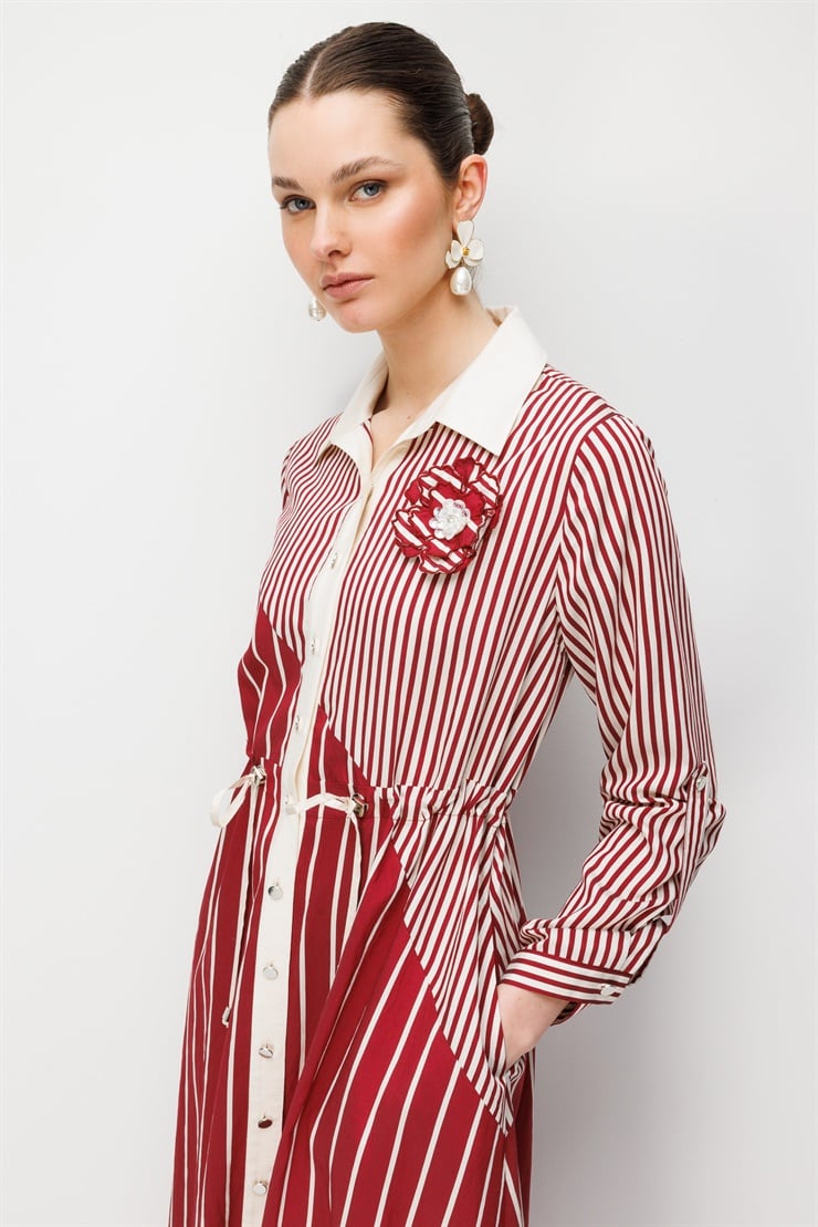 Modailgi  İnce ve Kalın Çizgi Kombinli Beli Büzgülü Uzun Elbise Bordo