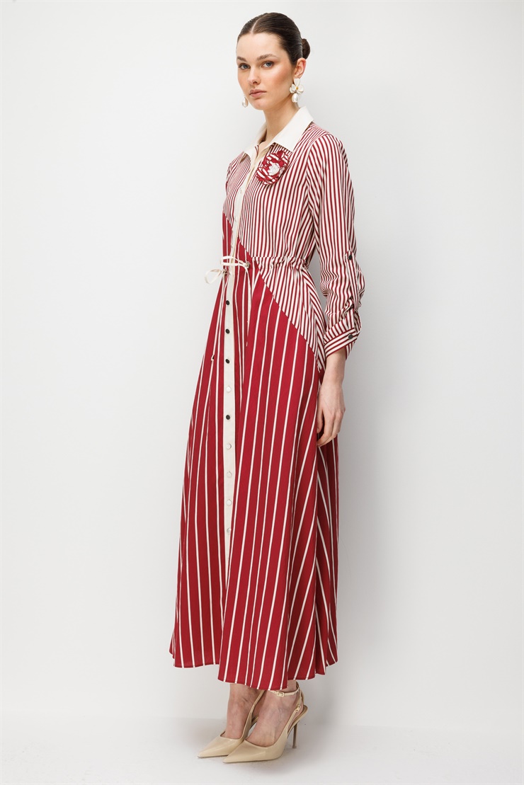 Modailgi  İnce ve Kalın Çizgi Kombinli Beli Büzgülü Uzun Elbise Bordo