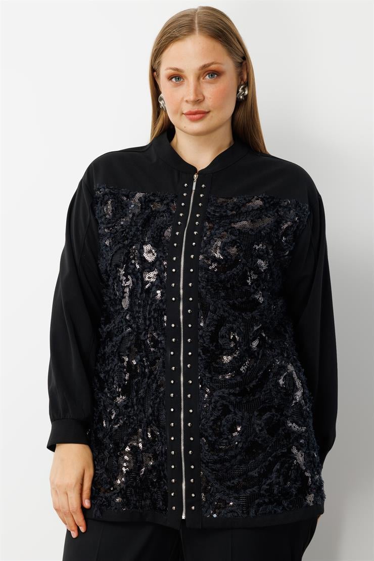 Modailgi  İnci Detaylı Güpürlü Fermuarlı Tunik Siyah