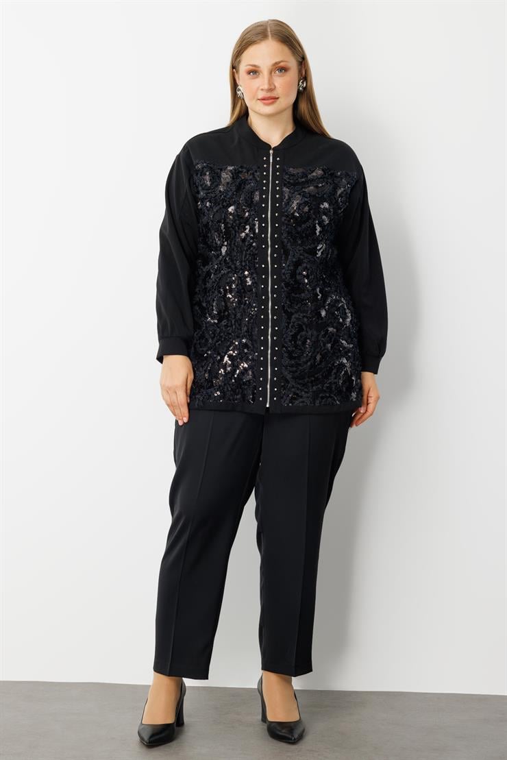 Modailgi  İnci Detaylı Güpürlü Fermuarlı Tunik Siyah