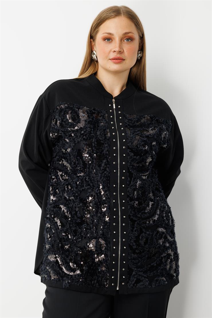 Modailgi  İnci Detaylı Güpürlü Fermuarlı Tunik Siyah