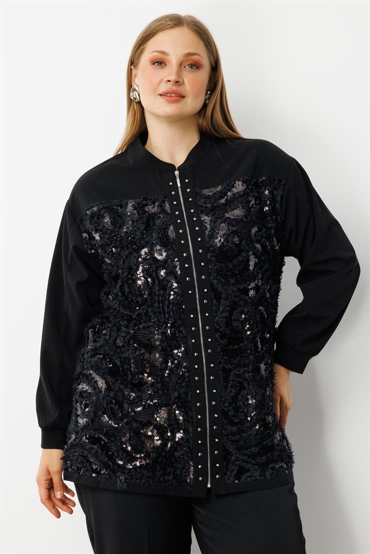 Modailgi  İnci Detaylı Güpürlü Fermuarlı Tunik Siyah