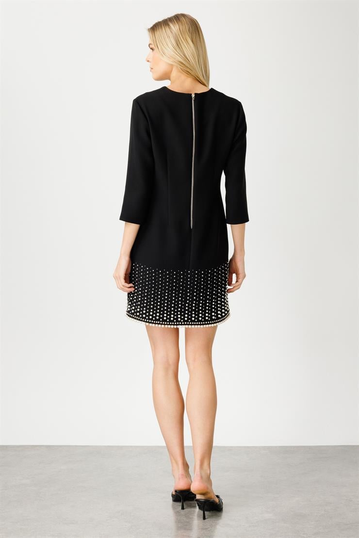 Modailgi  İnci Detaylı Kare Yaka Mini Elbise Siyah