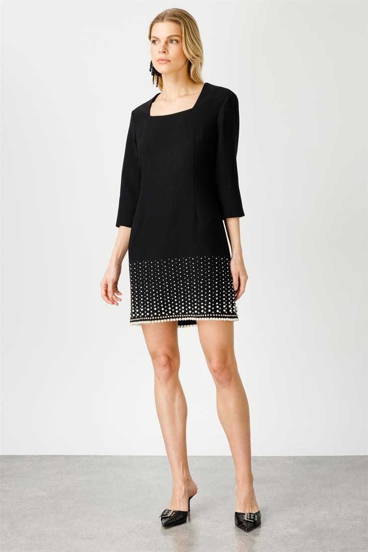 Modailgi  İnci Detaylı Kare Yaka Mini Elbise Siyah