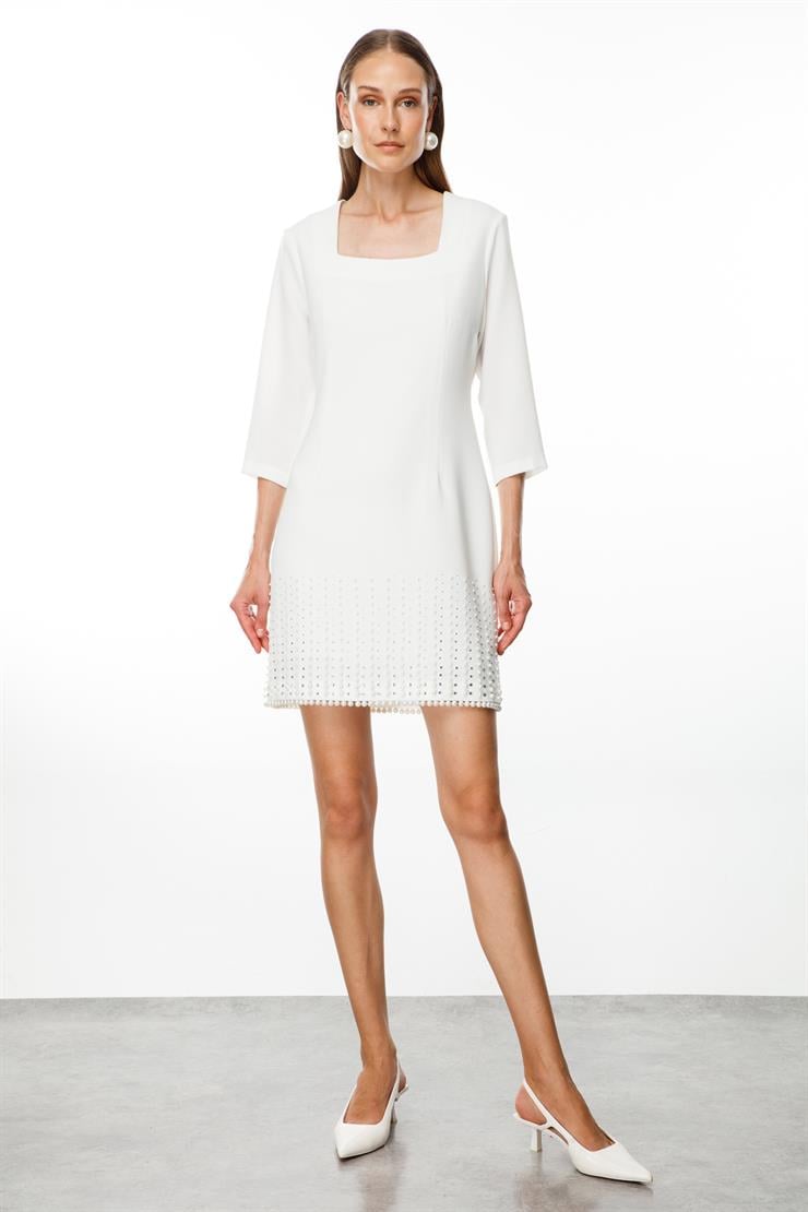 Modailgi  İnci Detaylı Kare Yaka Mini Elbise Ekru
