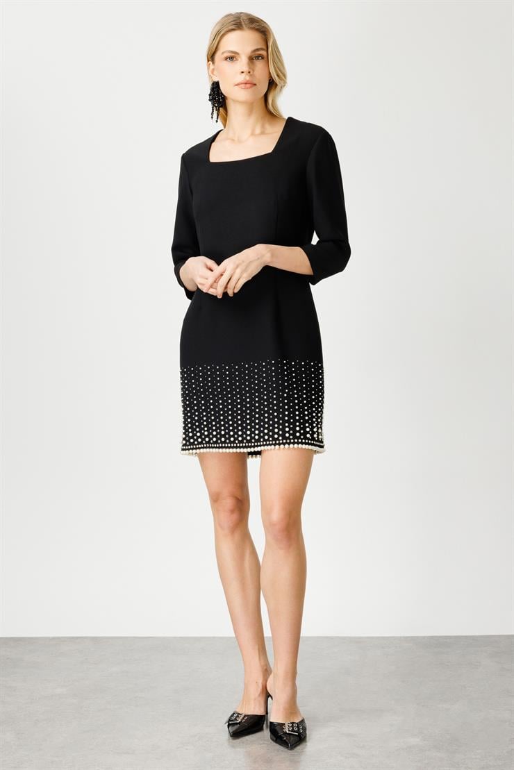 Modailgi  İnci Detaylı Kare Yaka Mini Elbise Siyah