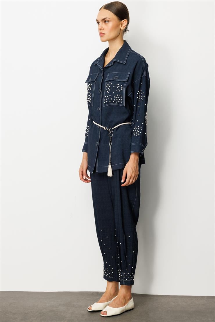 Modailgi  İnci Detaylı Kuşaklı Oversize Tunik Lacivert