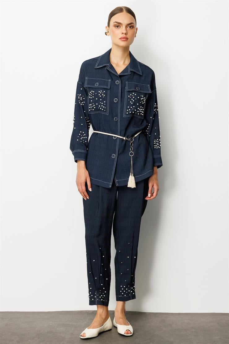 Modailgi  İnci Detaylı Kuşaklı Oversize Tunik Lacivert