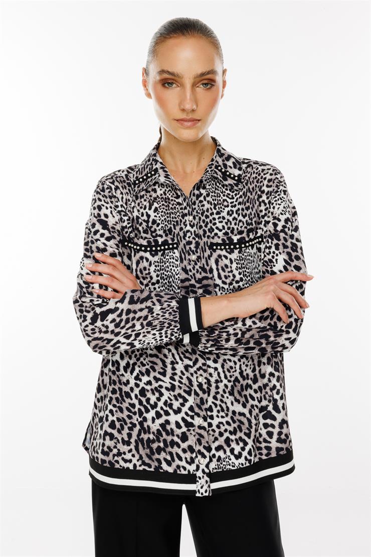 Modailgi  İnci Detaylı Leopar Desen Ribanalı Gömlek Siyah