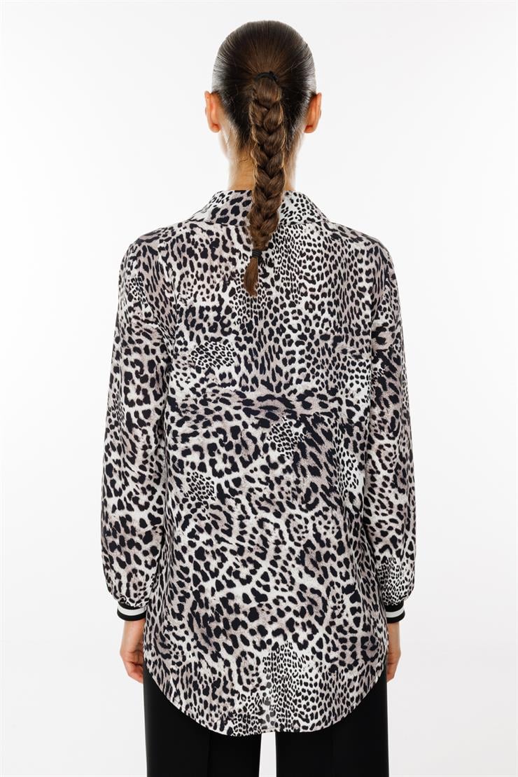 Modailgi  İnci Detaylı Leopar Desen Ribanalı Gömlek Siyah