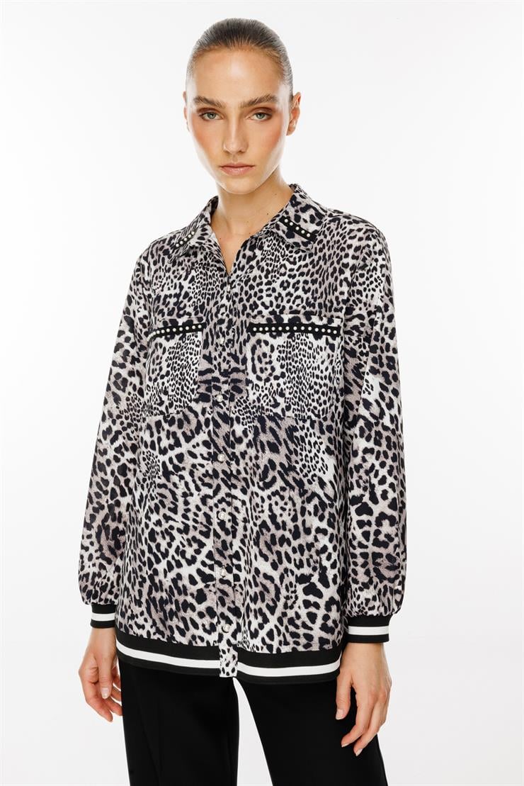 Modailgi  İnci Detaylı Leopar Desen Ribanalı Gömlek Siyah