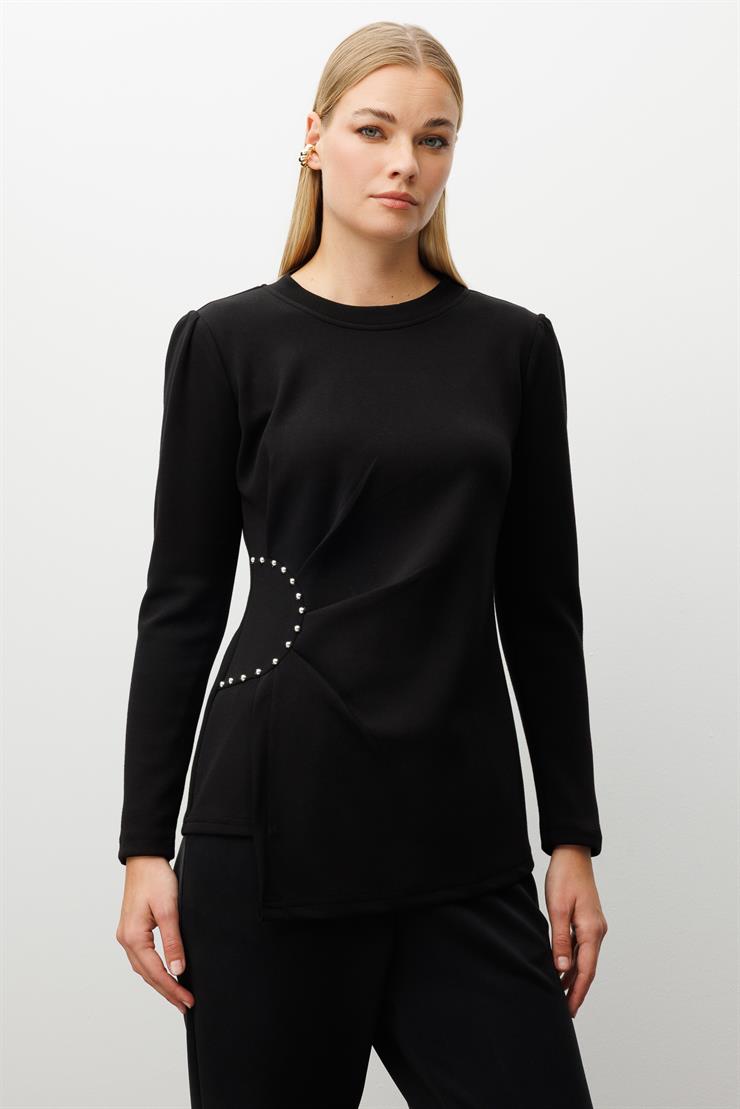 Modailgi  İnci Detaylı Pileli Sıfır Yaka Örme Bluz Siyah
