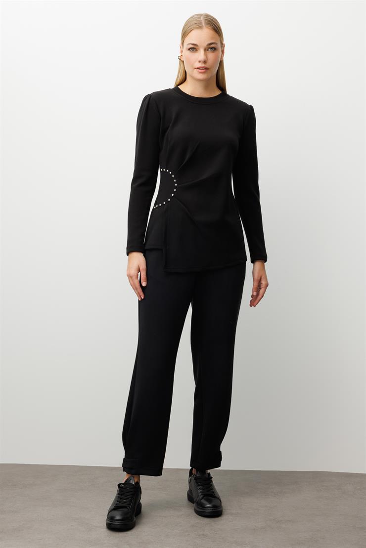 Modailgi  İnci Detaylı Pileli Sıfır Yaka Örme Bluz Siyah