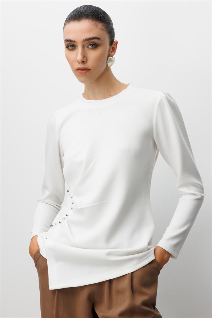 Modailgi  İnci Detaylı Pileli Sıfır Yaka Örme Bluz Ekru