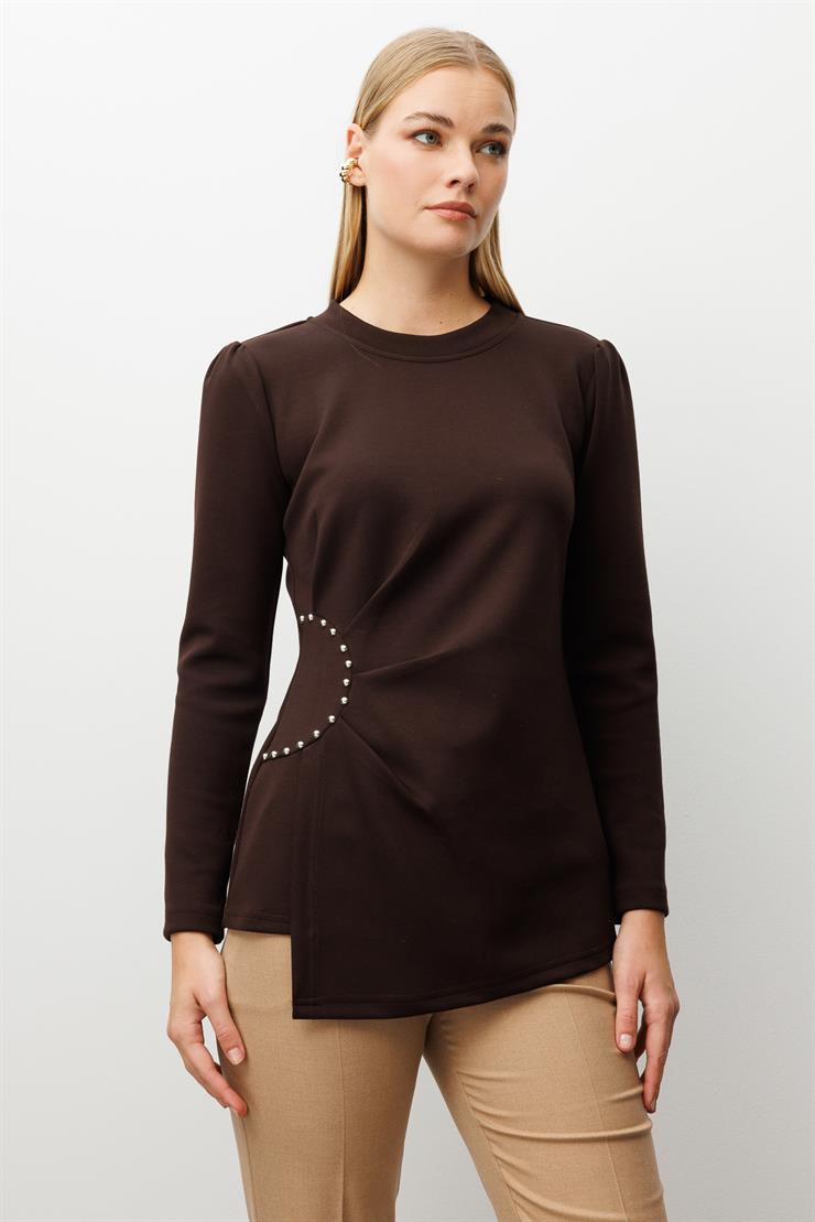 Modailgi  İnci Detaylı Pileli Sıfır Yaka Örme Bluz Kahve