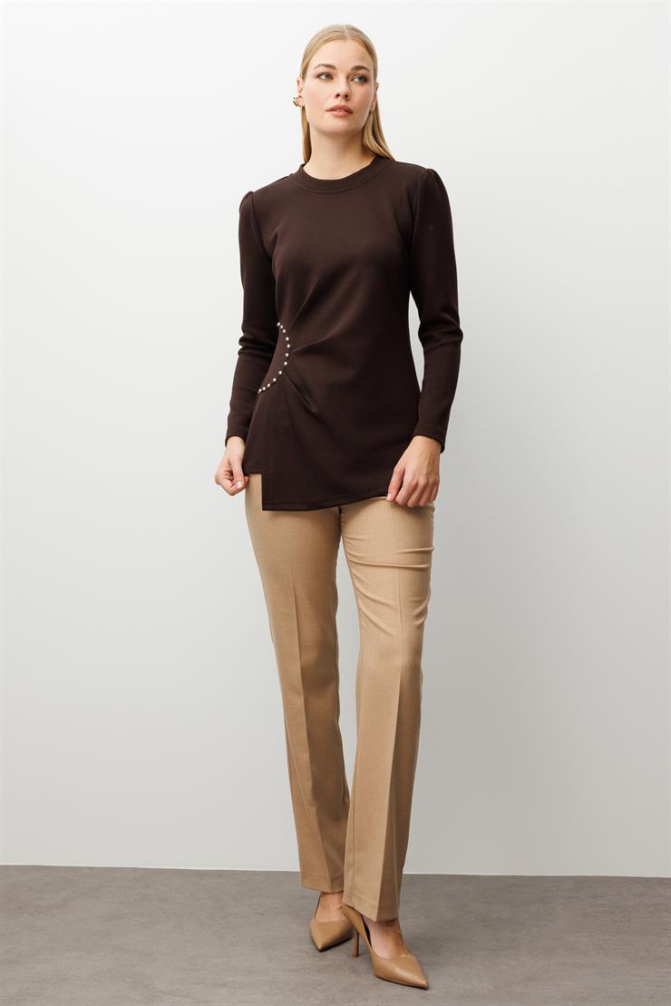 Modailgi  İnci Detaylı Pileli Sıfır Yaka Örme Bluz Kahve