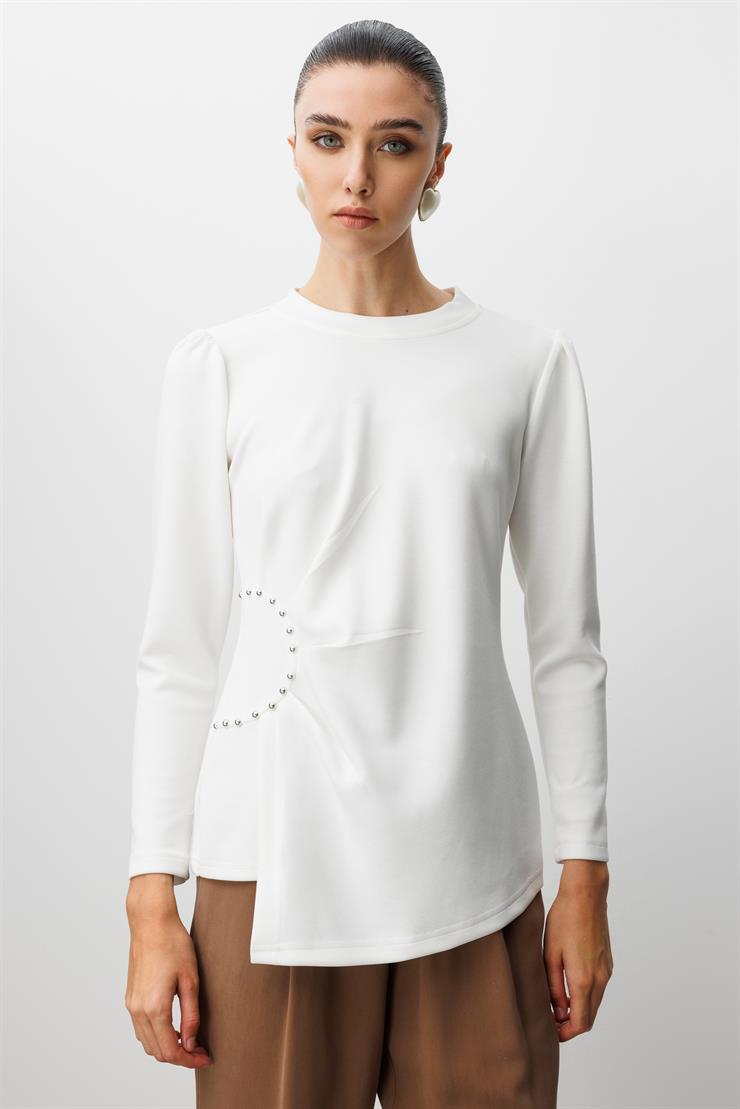 Modailgi  İnci Detaylı Pileli Sıfır Yaka Örme Bluz Ekru