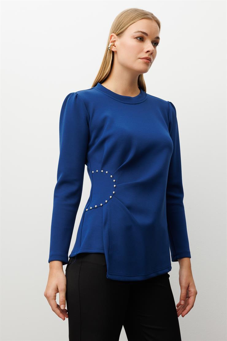 Modailgi  İnci Detaylı Pileli Sıfır Yaka Örme Bluz İndigo