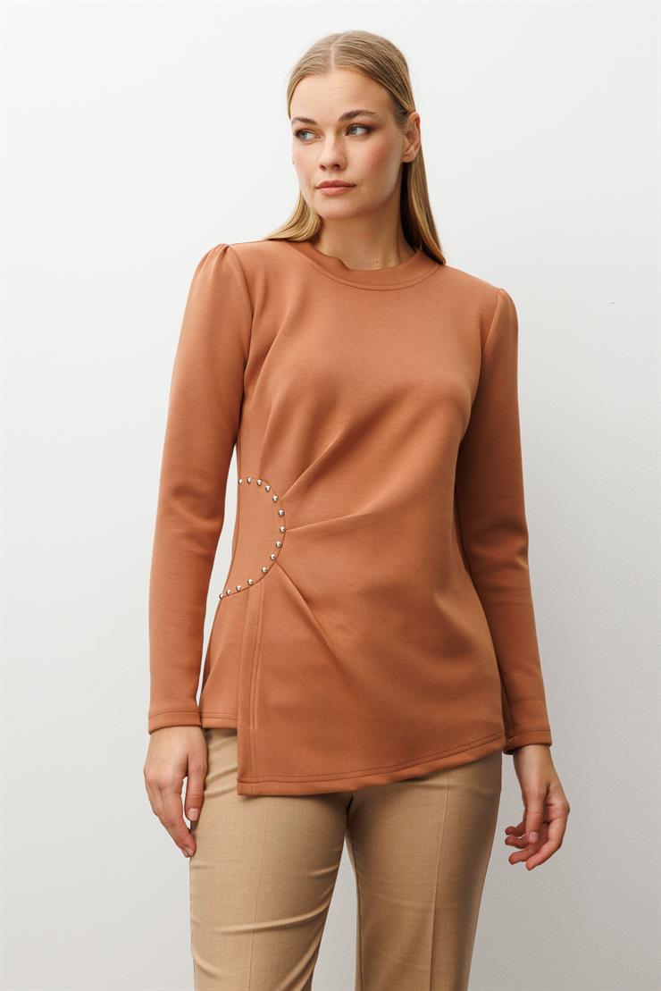 Modailgi  İnci Detaylı Pileli Sıfır Yaka Örme Bluz Taba