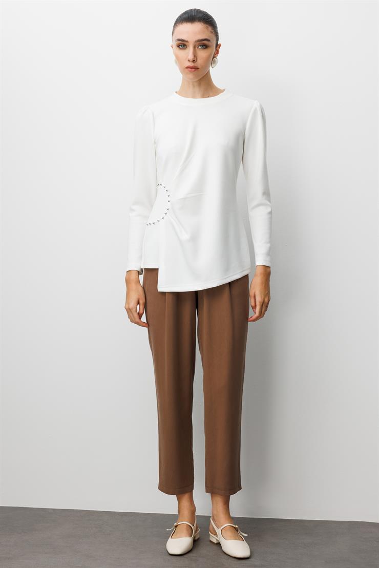 Modailgi  İnci Detaylı Pileli Sıfır Yaka Örme Bluz Ekru