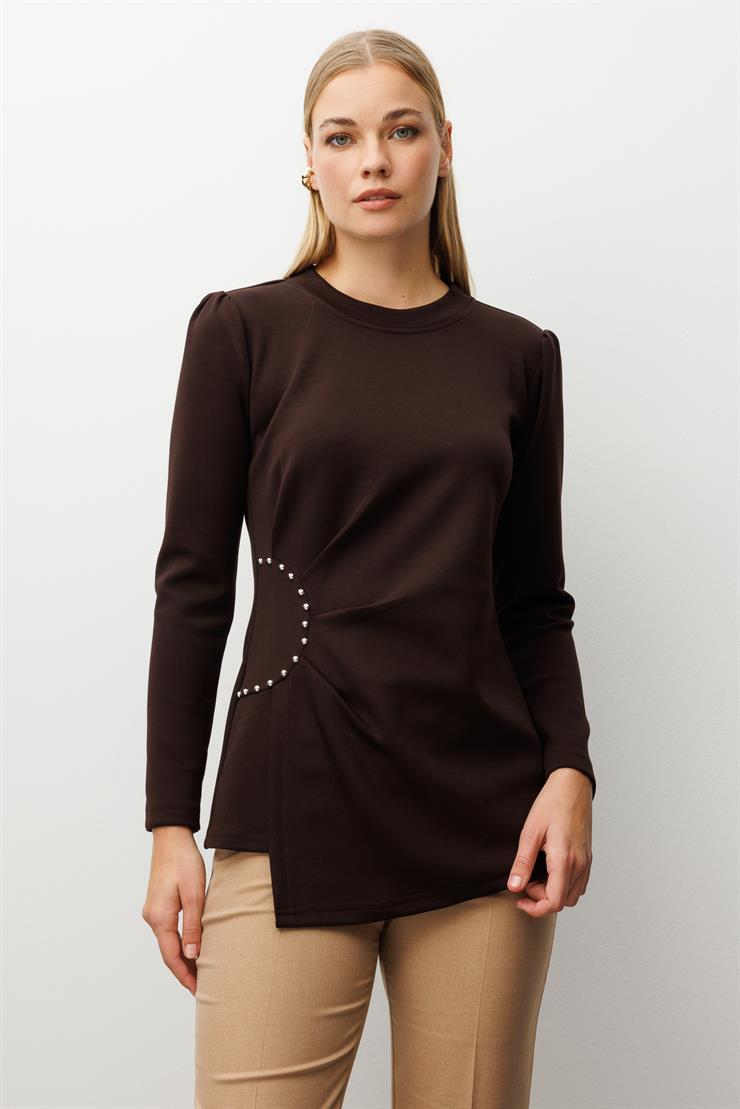 Modailgi  İnci Detaylı Pileli Sıfır Yaka Örme Bluz Kahve