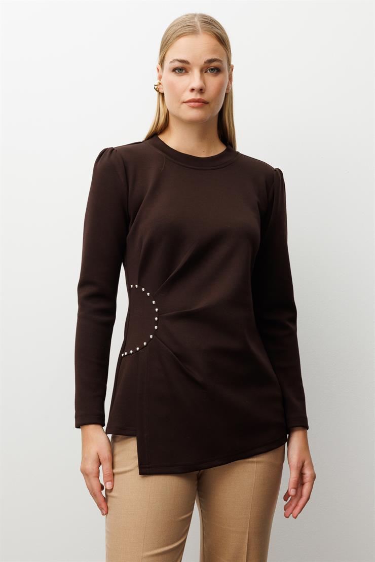 Modailgi  İnci Detaylı Pileli Sıfır Yaka Örme Bluz Kahve