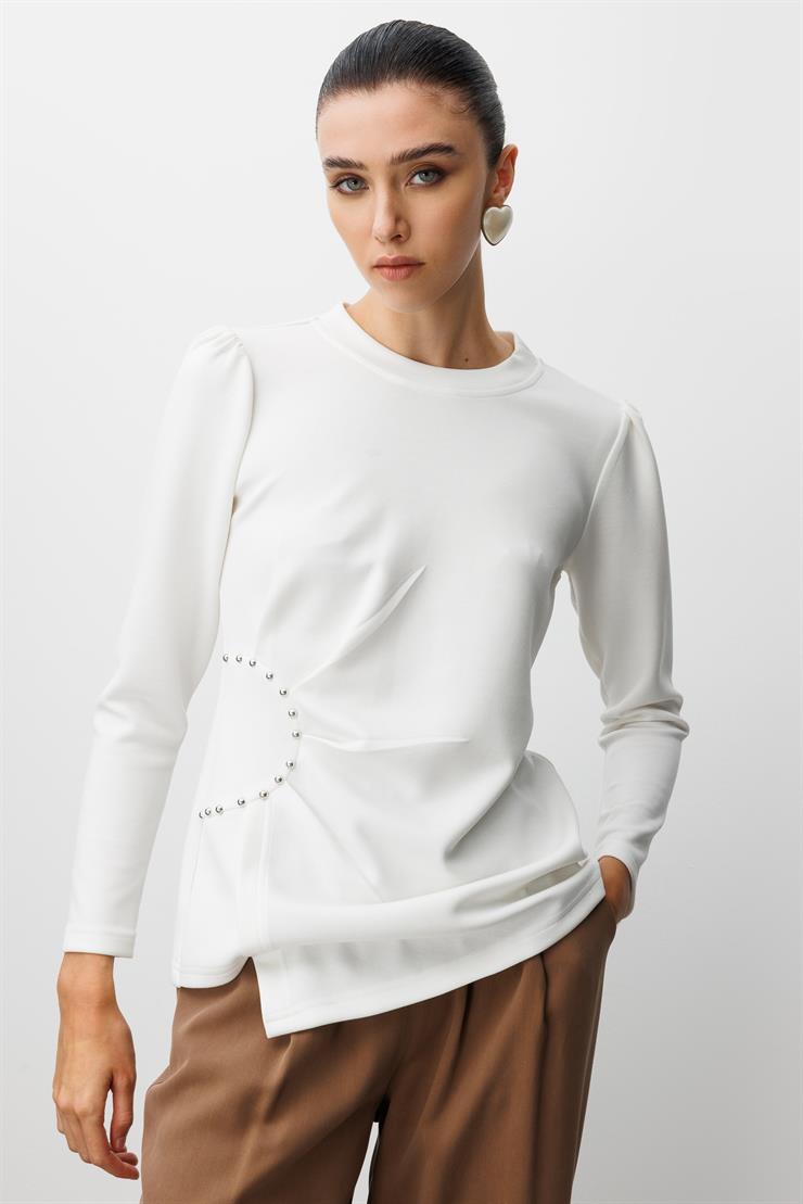 Modailgi  İnci Detaylı Pileli Sıfır Yaka Örme Bluz Ekru