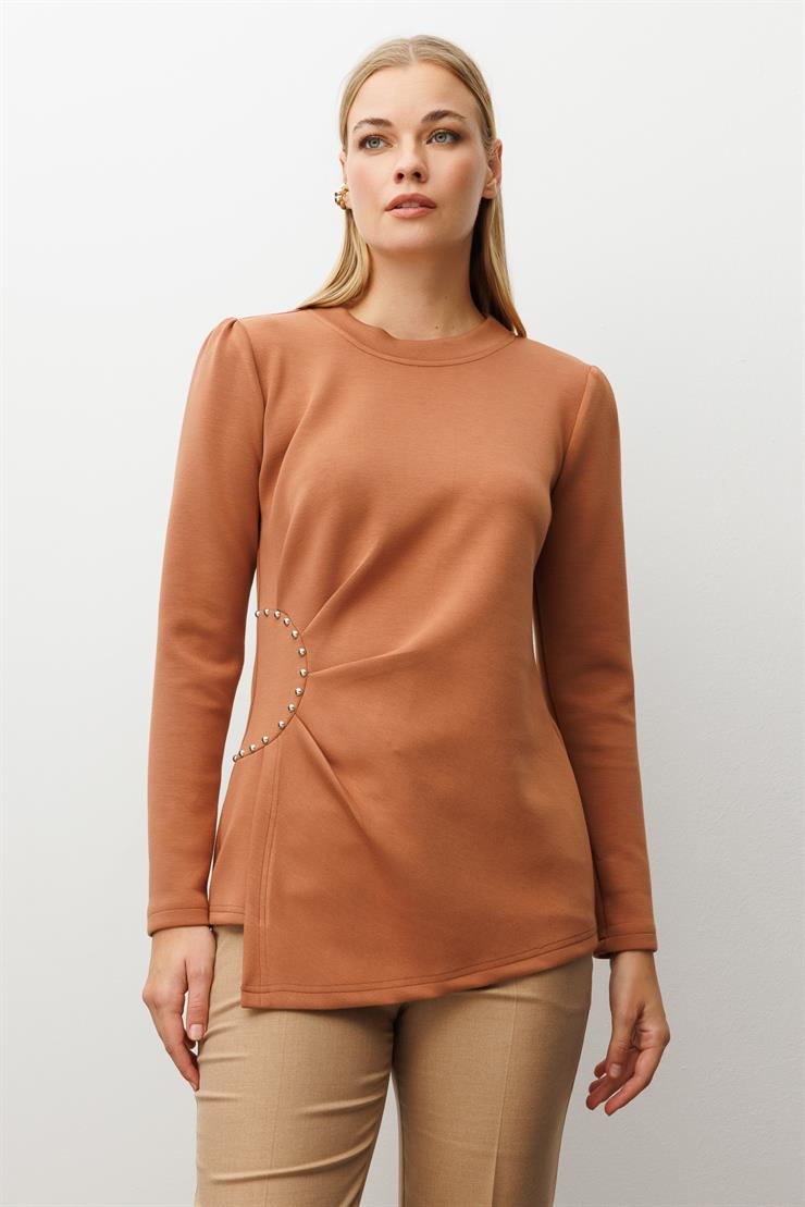Modailgi  İnci Detaylı Pileli Sıfır Yaka Örme Bluz Taba