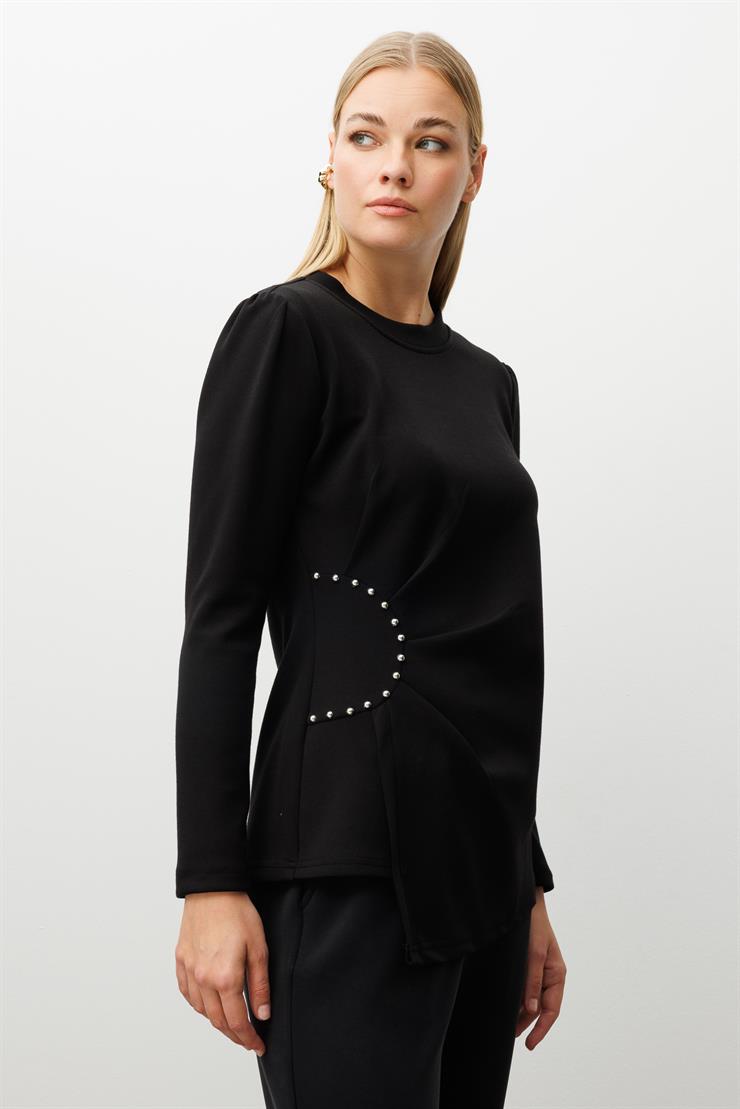 Modailgi  İnci Detaylı Pileli Sıfır Yaka Örme Bluz Siyah