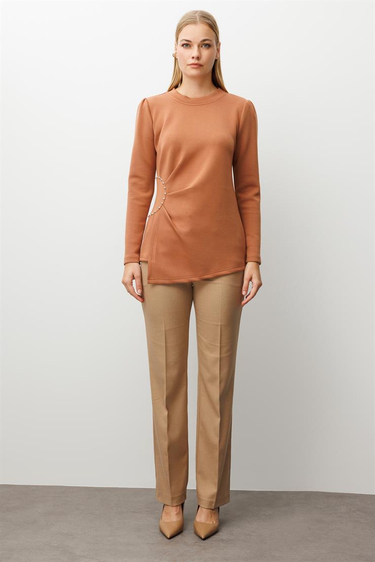 Modailgi  İnci Detaylı Pileli Sıfır Yaka Örme Bluz Taba