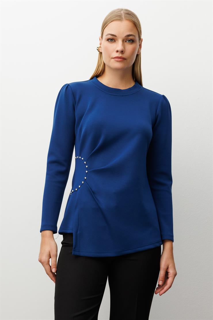 Modailgi  İnci Detaylı Pileli Sıfır Yaka Örme Bluz İndigo