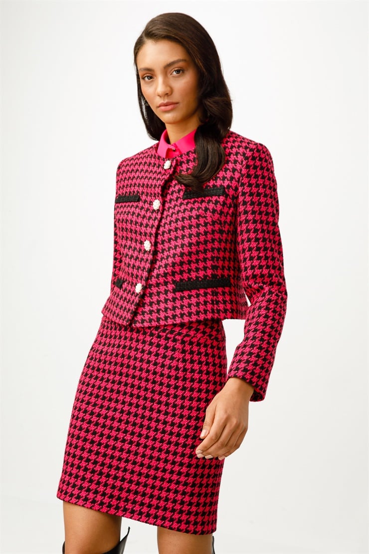 Modailgi  İnci Düğmeli Sıfır Yaka Ceket Fuşya