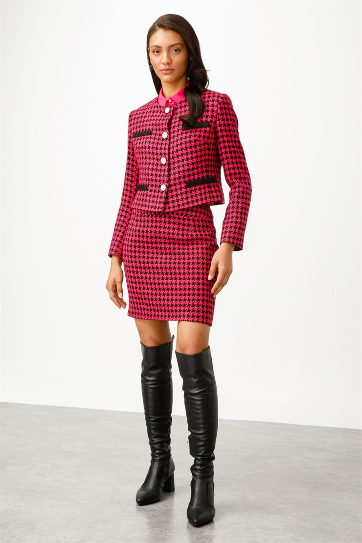 Modailgi  İnci Düğmeli Sıfır Yaka Ceket Fuşya