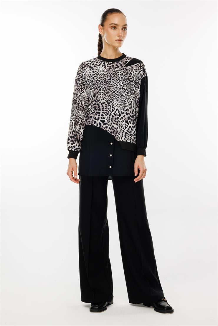 Modailgi  İnci Süslemeli Leopar Desen Tunik Siyah
