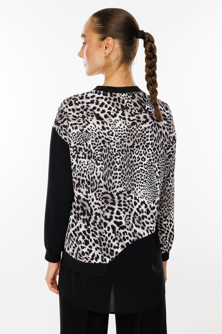 Modailgi  İnci Süslemeli Leopar Desen Tunik Siyah