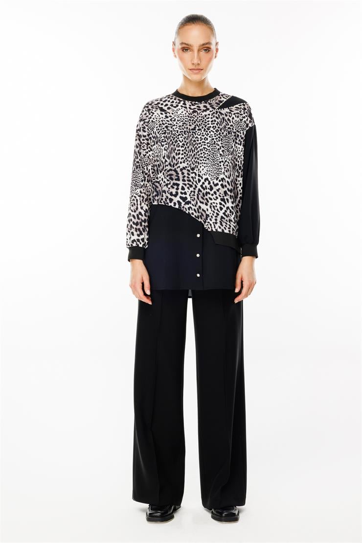 Modailgi  İnci Süslemeli Leopar Desen Tunik Siyah
