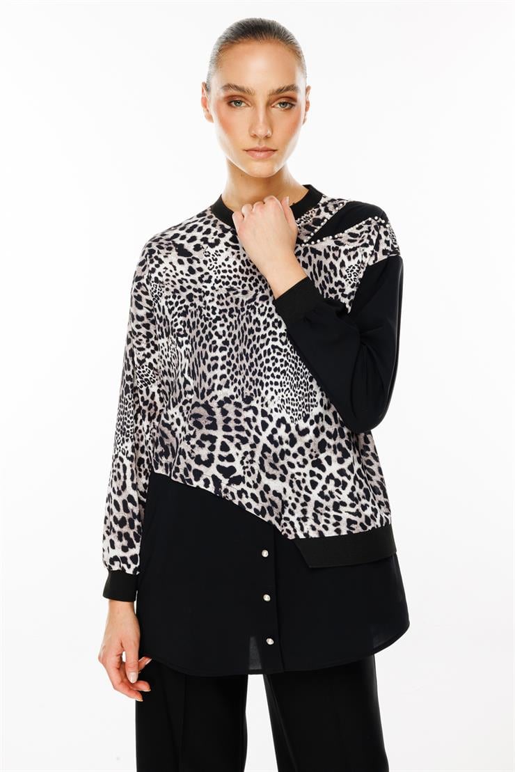 Modailgi  İnci Süslemeli Leopar Desen Tunik Siyah