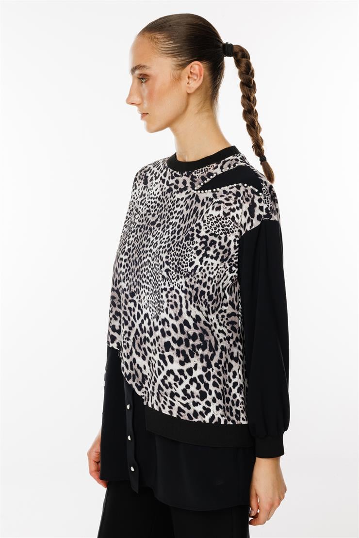 Modailgi  İnci Süslemeli Leopar Desen Tunik Siyah