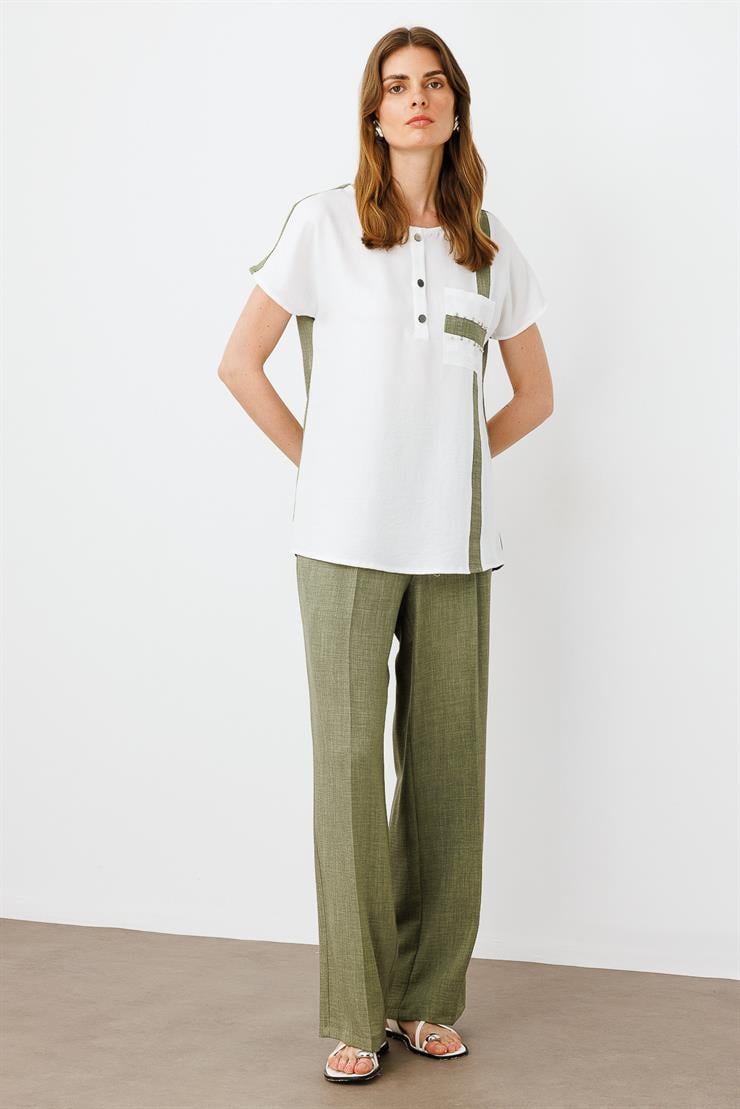 Modailgi  İşleme Detaylı Sıfır Yaka Bluz Ekru/Haki