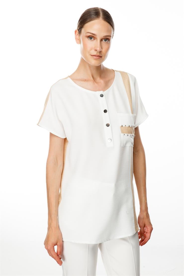 Modailgi  İşleme Detaylı Sıfır Yaka Bluz Ekru/Taş