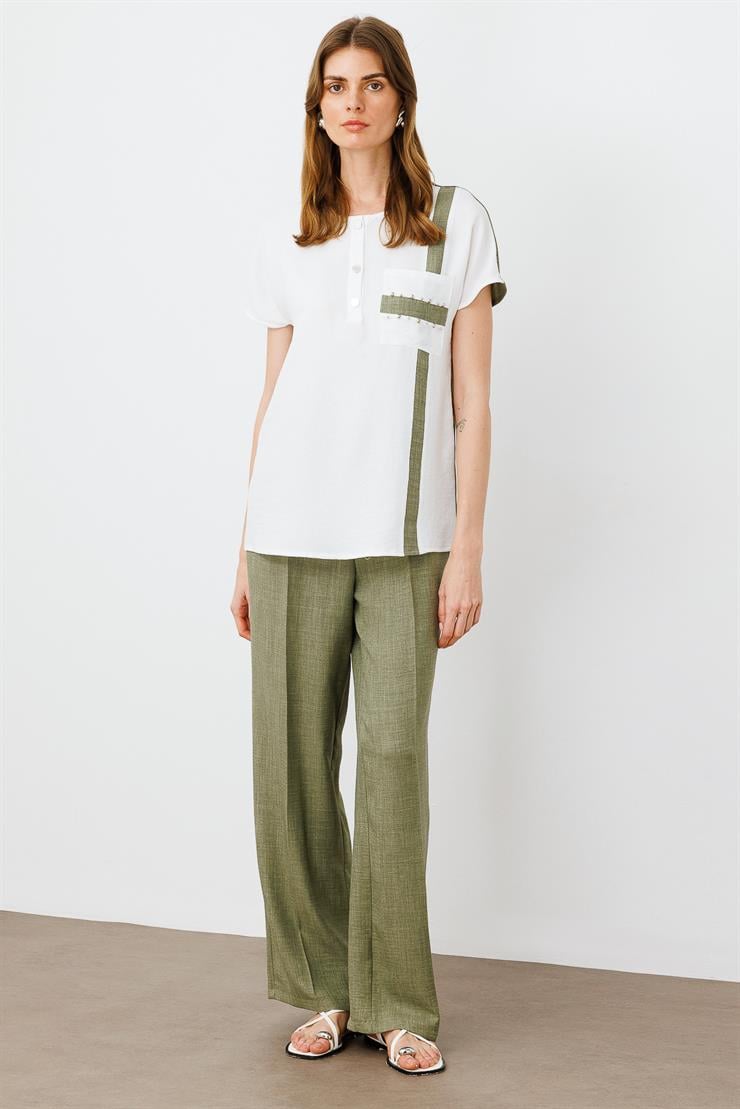 Modailgi  İşleme Detaylı Sıfır Yaka Bluz Ekru/Haki