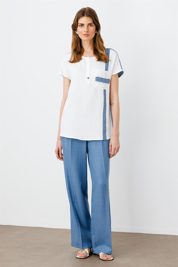 Modailgi  İşleme Detaylı Sıfır Yaka Bluz Ekru/İndigo