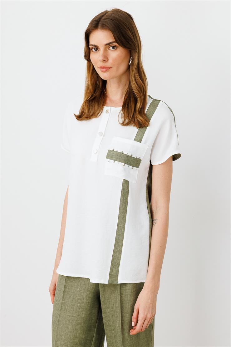 Modailgi  İşleme Detaylı Sıfır Yaka Bluz Ekru/Haki
