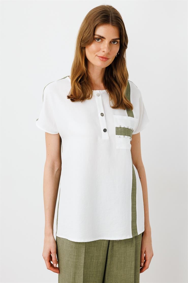 Modailgi  İşleme Detaylı Sıfır Yaka Bluz Ekru/Haki