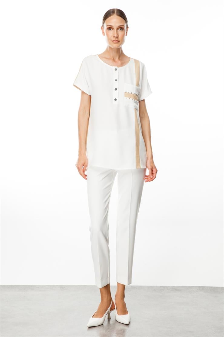 Modailgi  İşleme Detaylı Sıfır Yaka Bluz Ekru/Taş