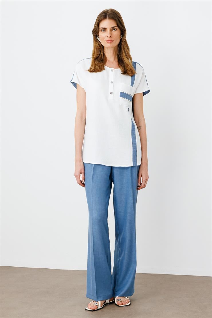 Modailgi  İşleme Detaylı Sıfır Yaka Bluz Ekru/İndigo