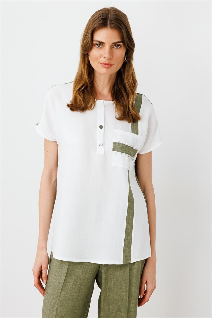 Modailgi  İşleme Detaylı Sıfır Yaka Bluz Ekru/Haki