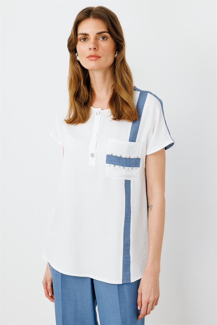 Modailgi  İşleme Detaylı Sıfır Yaka Bluz Ekru/İndigo