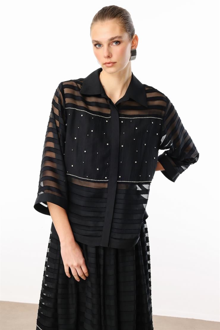 Modailgi  İşleme ve Şerit Aksesuarlı Kısa Gömlek Siyah