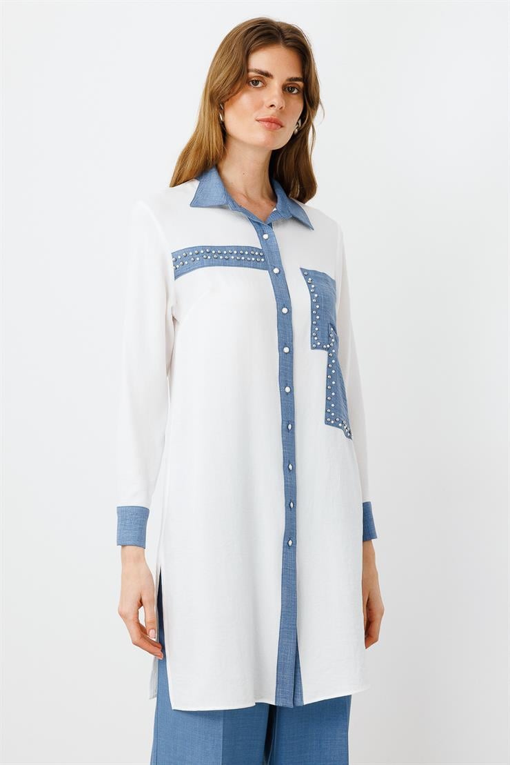 Modailgi  İşlemeli Uzun Tunik Ekru/İndigo